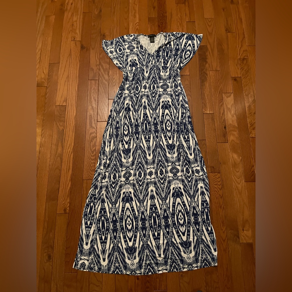 Blue and White Print Maxi Summer Dress Women Size S